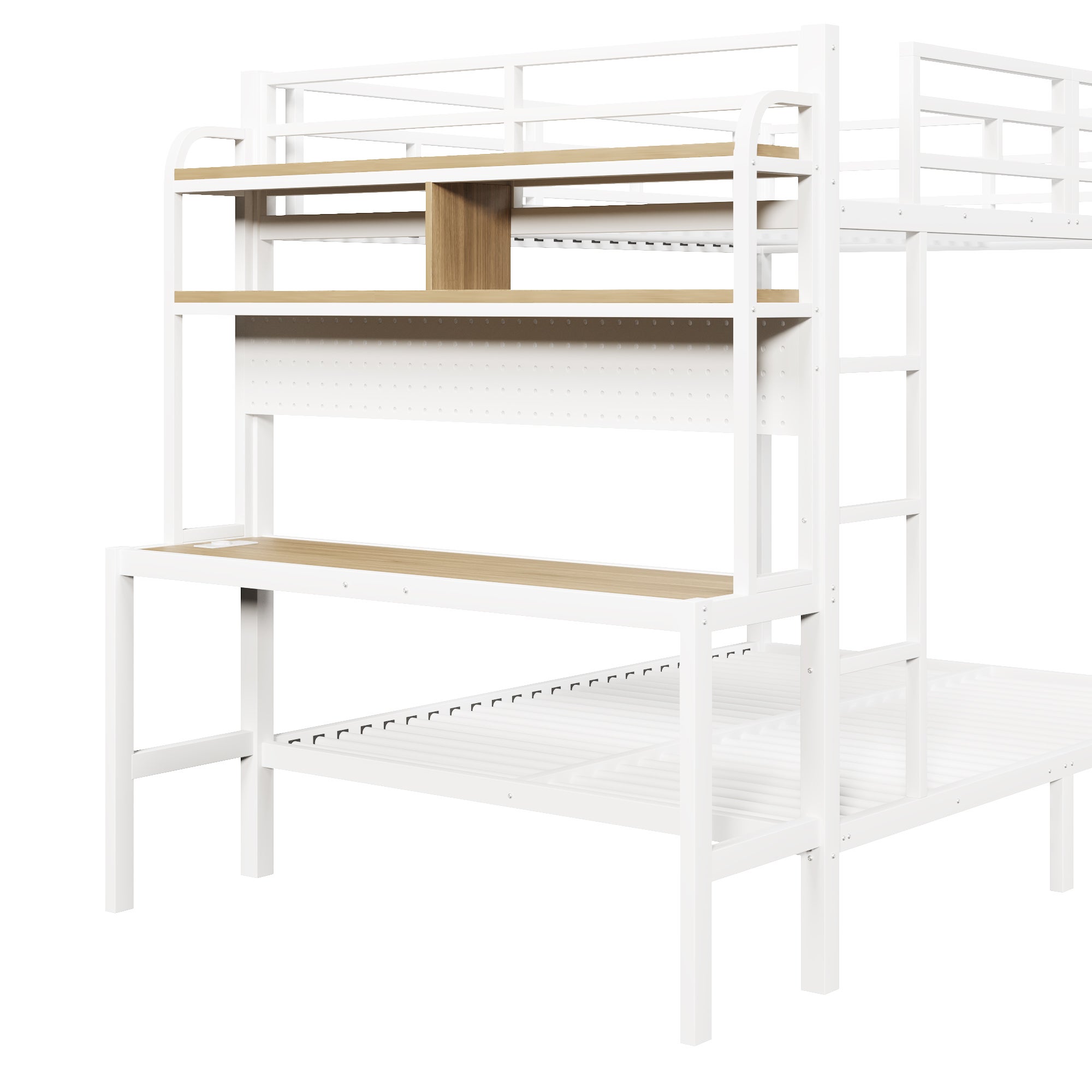 Lit superposé 140x200 avec bureau intégré, LED et ports USB - Structure métal, garde-corps et échelle - Blanc (sans matelas) - 7