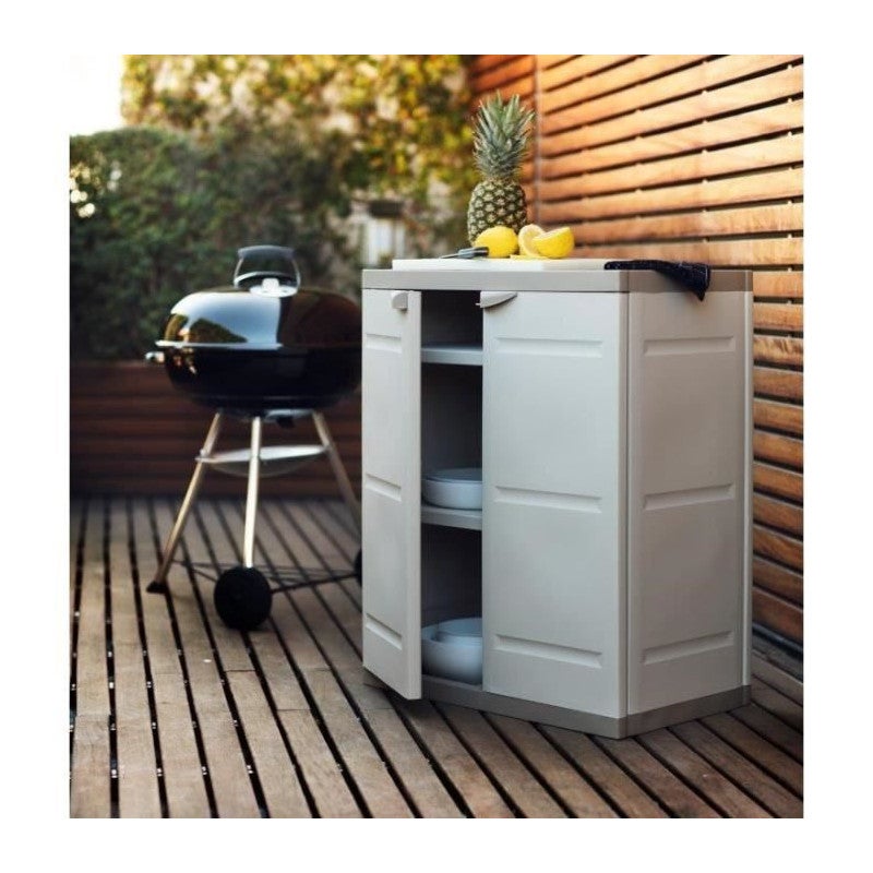 TITANIUM PLASTIKEN Armoire basse 2 portes avec etageres l70 x p44 x h88 cm Beige et Taupe Gamme TITANIUM Interieur/Exterieur - 3