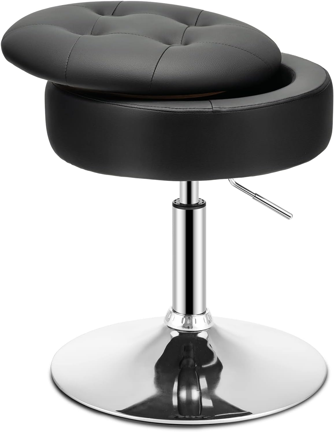 Taboret do Makijażu Obracany o 360°, Toaletki z Miejscem do Przechowywania, Wysokość Siedziska 51-66 cm, Tapicerowany, Nowoczesny (Czarny)