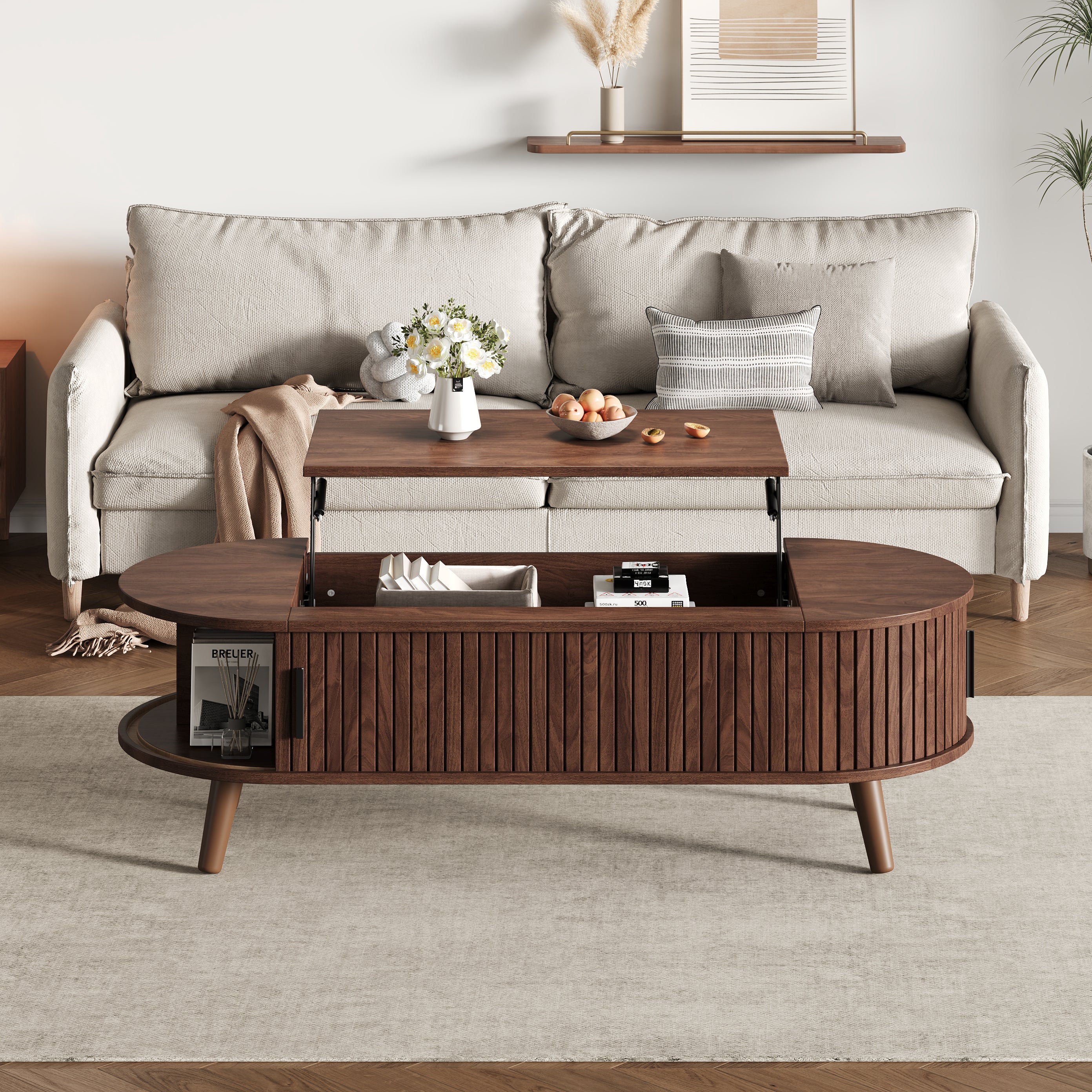 Stolik kawowy z podnoszonym blatem i 4 otwartymi półkami - 120 x 50 x 39,5 cm - MDF - do salonu - orzech - 5