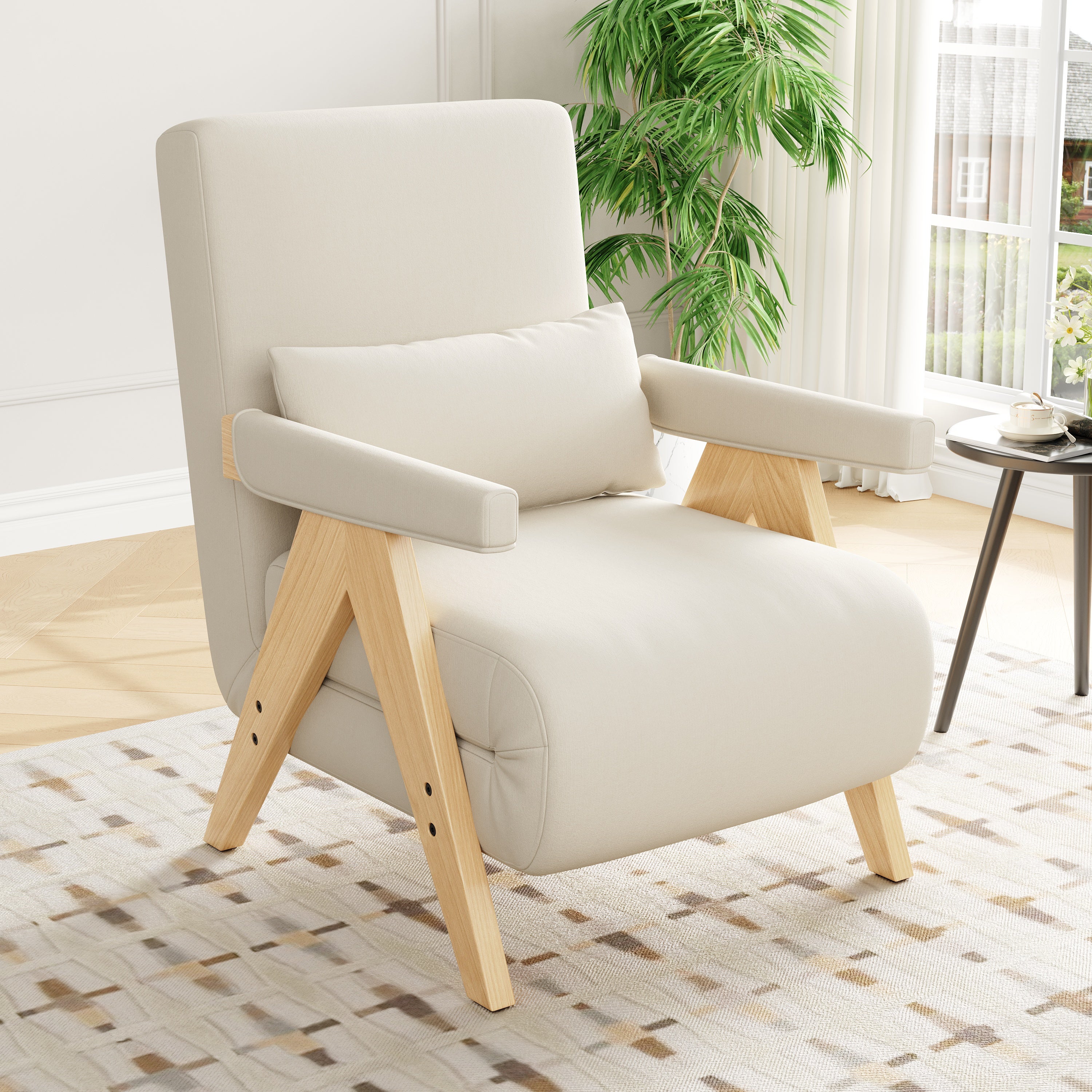 Fauteuil convertible 1 place, Chauffeuse 4-en-1 Dossier Réglable 6 Position, Canapé-Lit - 64 x 60 x 87 cm - Tissu en lin - Beige - 2