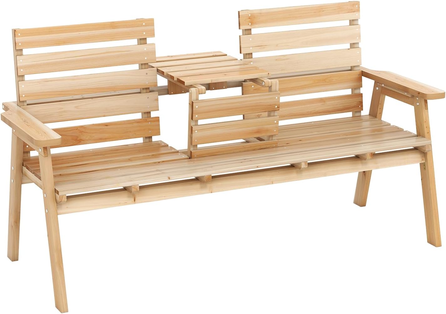 Ławka Ogrodowa dla 2-3 Osób, Drewniana Ławka z Listwami na Taras z Podłokietnikami i Oparciem, Wysuwany Stolik Centralny (Naturalny)