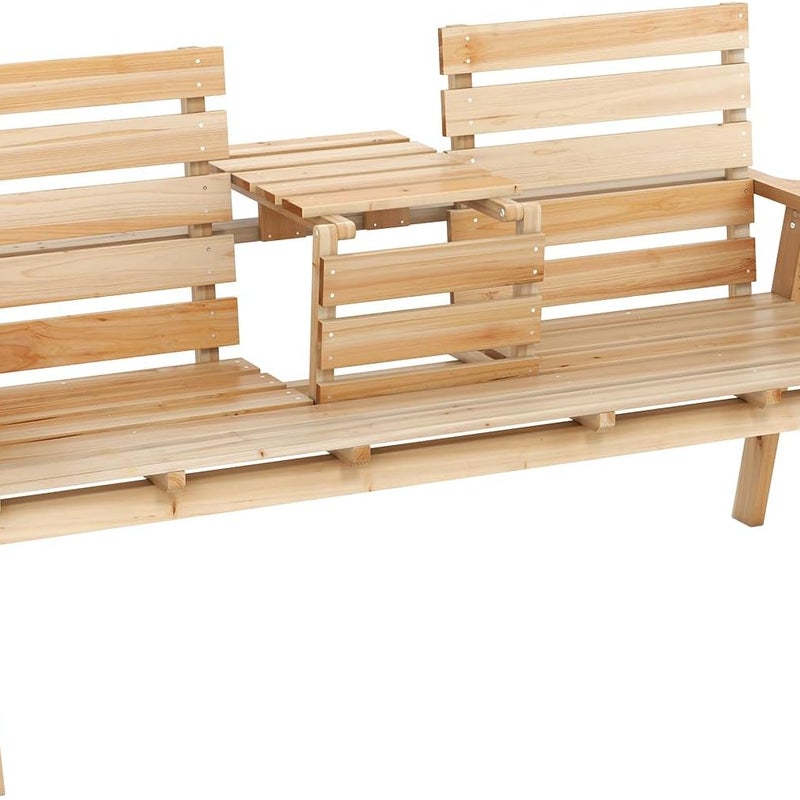 Ławka Ogrodowa dla 2-3 Osób, Drewniana Ławka z Listwami na Taras z Podłokietnikami i Oparciem, Wysuwany Stolik Centralny (Naturalny)