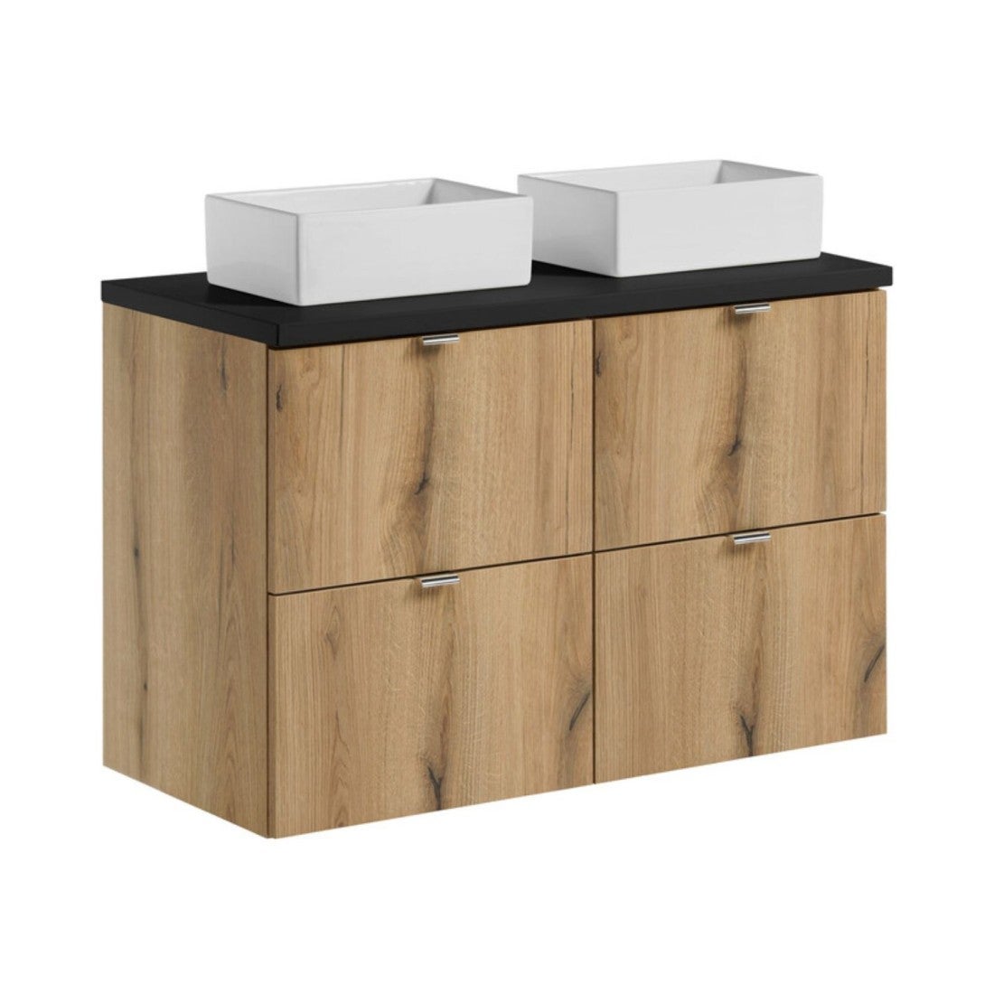 Conjunto vano acabado en roble y negro 100cm: muebles bajo lavabo con cajones + encimera para lavabo + lavabos rectangulares de sobreponer