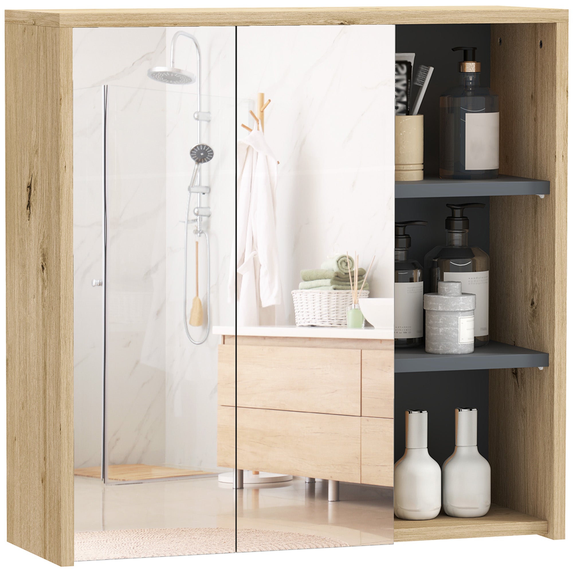 Leroy Merlin Five-shelf mirrored bathroom cabinet, wood-effect 