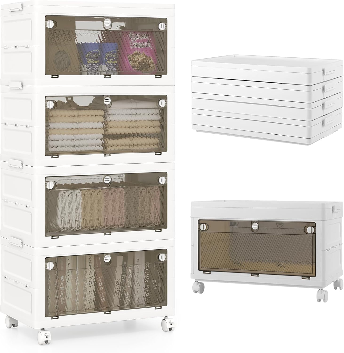 Składane Pudełko do Przechowywania, Pokrywa 168 l, Składane i Ustawiane Jedno na Drugim Pudełka do Przechowywania z Kółkami (4 Pudełka)