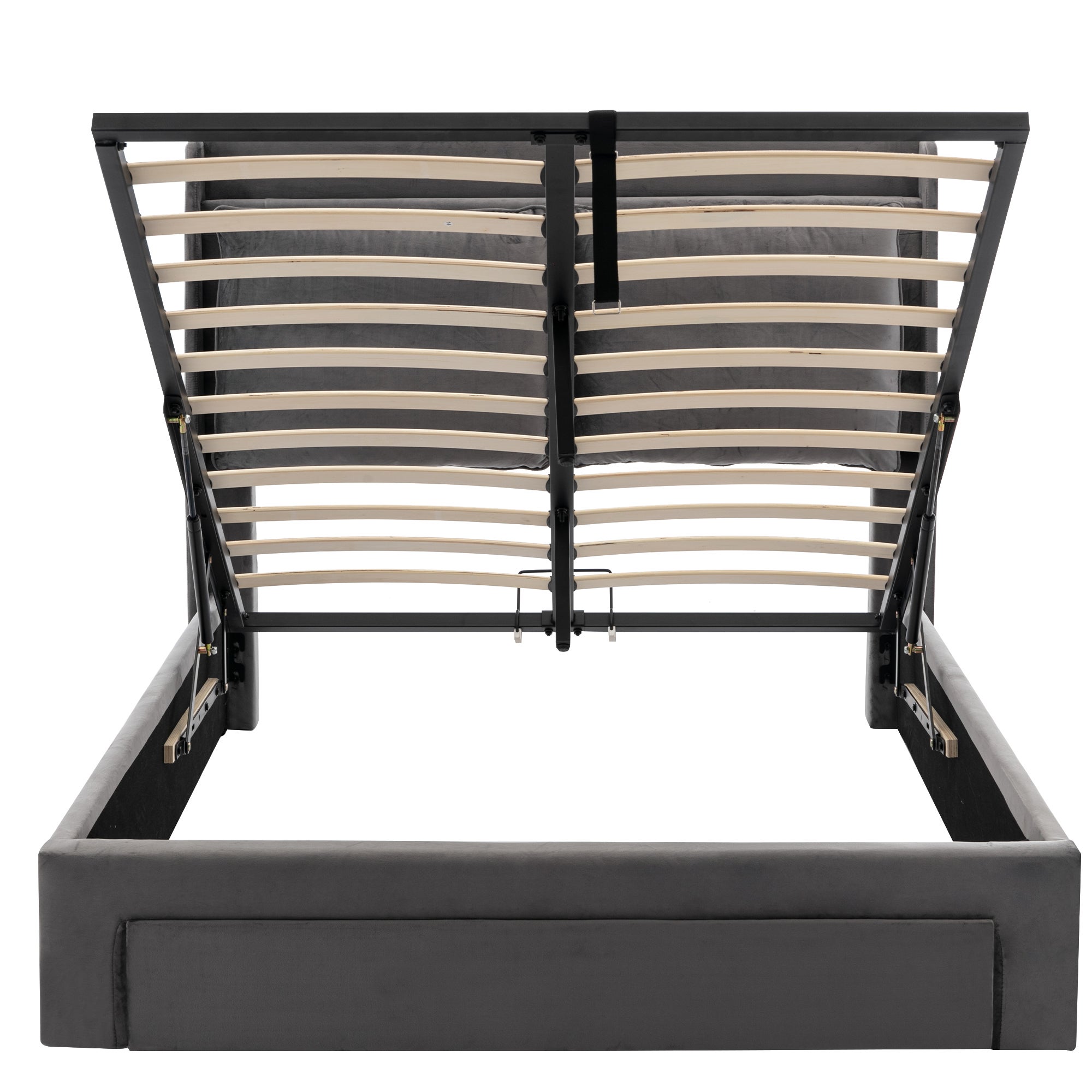 Cama con canapé tapizada en terciopelo - 140x190 cm - 2 cajones a los pies de la cama - Tira de luces LED empotrada a los pies de la cama - Gris - 7