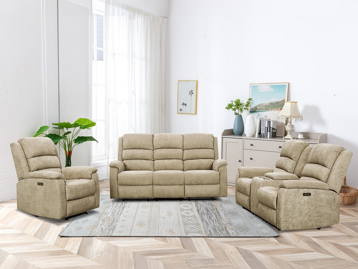 Kanapa 3-osobowa i fotel z elektryczną funkcją relax rozkładany z tkaniny taupe NEVERS