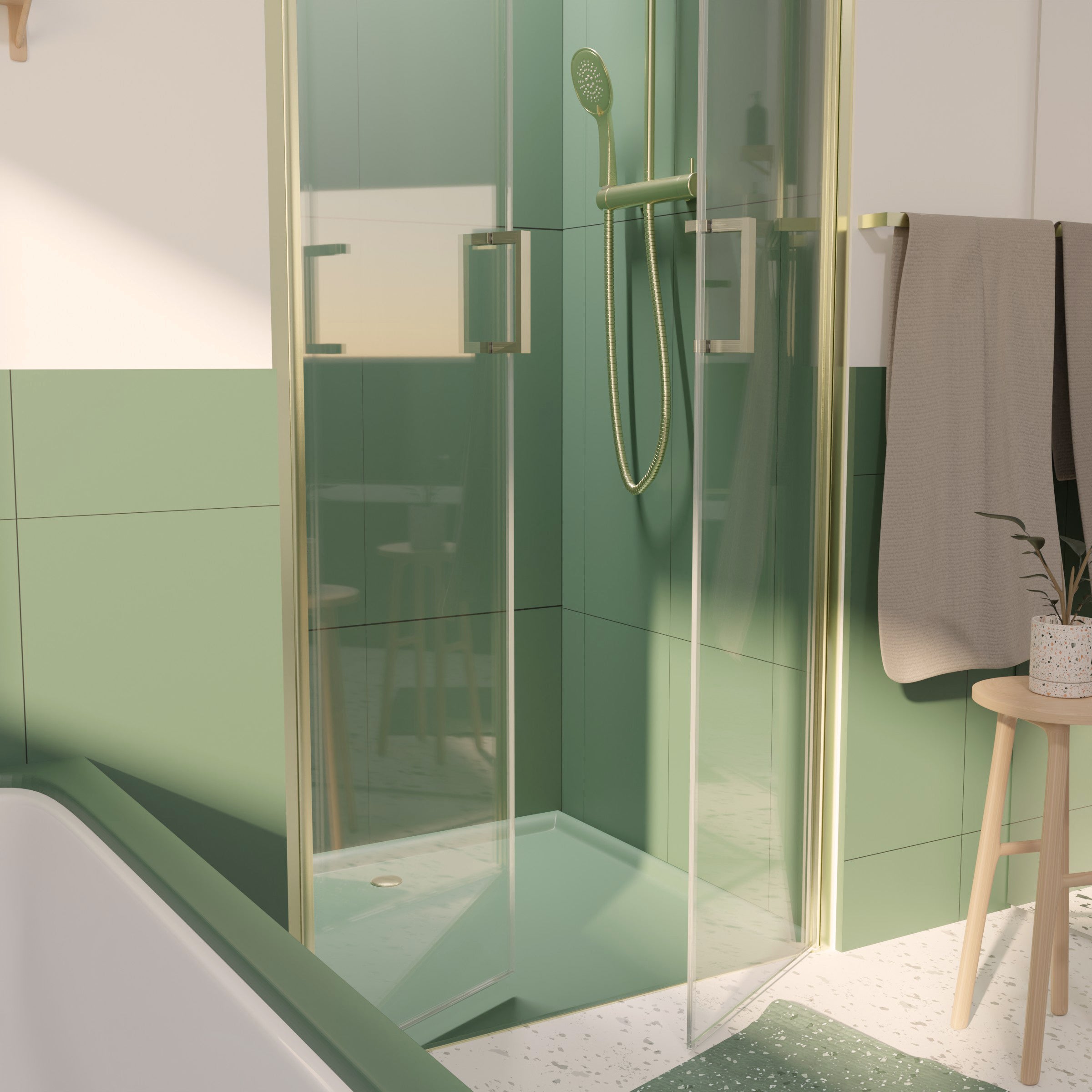 Porte de Douche Double Battant 90x200cm - Verre Trempé Transparent 6mm - Profil Or Doré Brossé - 2