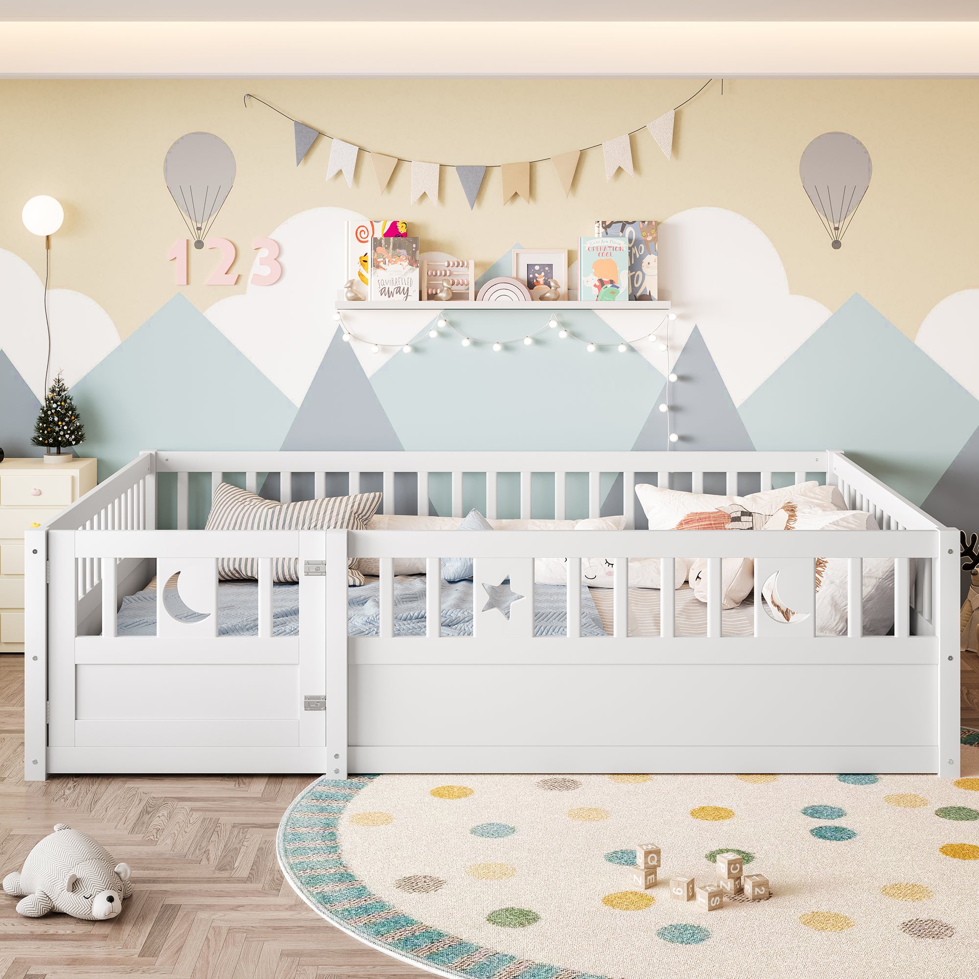 Lit à panneaux, 140 x 190 cm, lit enfant avec barrière, décor étoile et lune, sans sommier à lattes (sans matelas), blanc - 5
