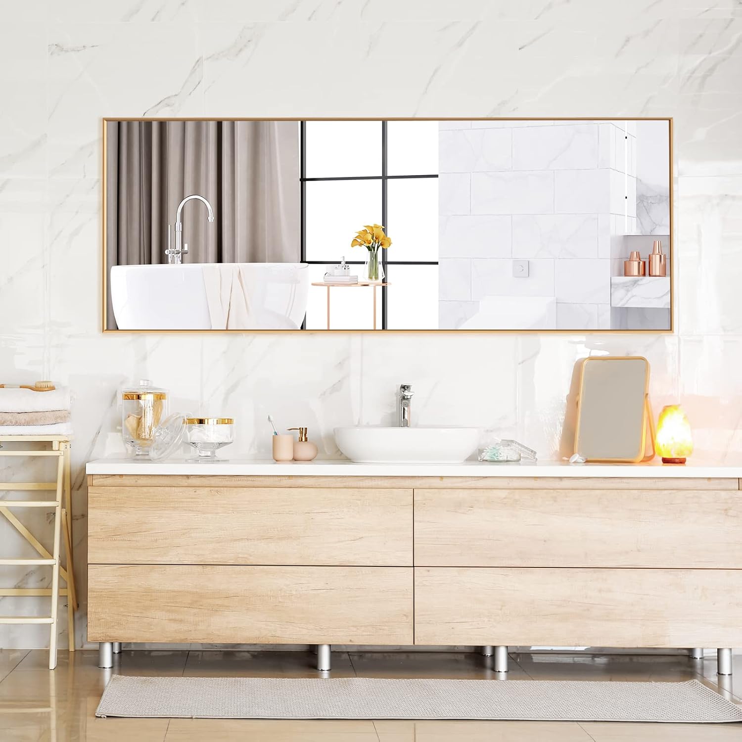 2 in 1 Specchio Lungo da Parete, Specchio a Figura Intera con Telaio Rettangolare in Alluminio e Vetro Antiesplosione, Specchio da Terra per I - 5