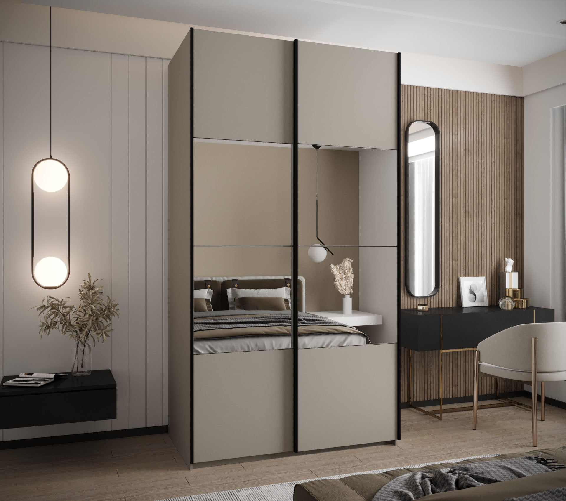 Szafa przesuwna wysoka Lux 4 130 x 64 x 245,5 cm kaszmir + kaszmir + u. czarny - Abiks Meble - 2