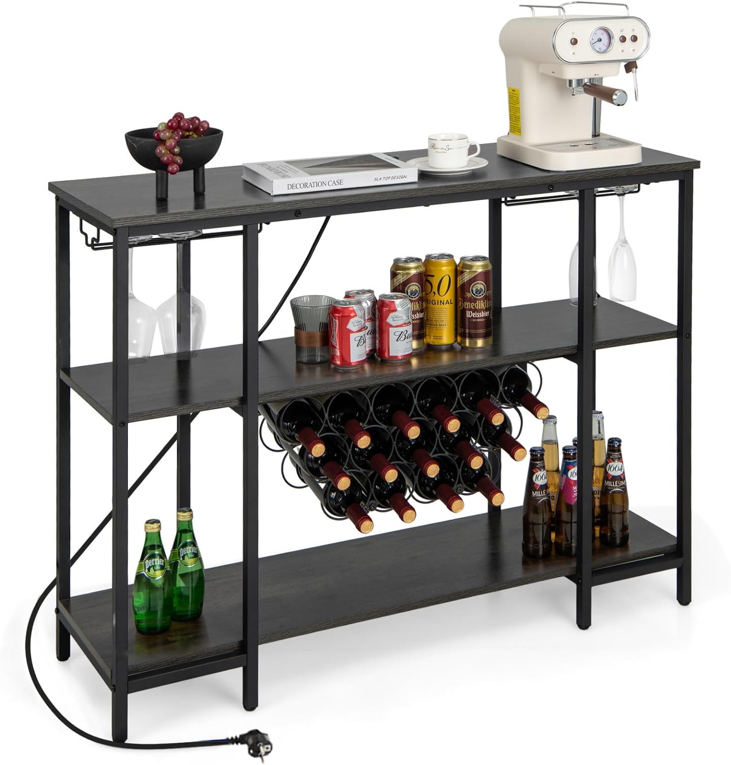 3-Poziomowe Regały na Butelki z Uchwytami – Barek na napoje z Uchwytem na Butelki i Zestawem Zabezpieczającym przed Przewróceniem, Szary