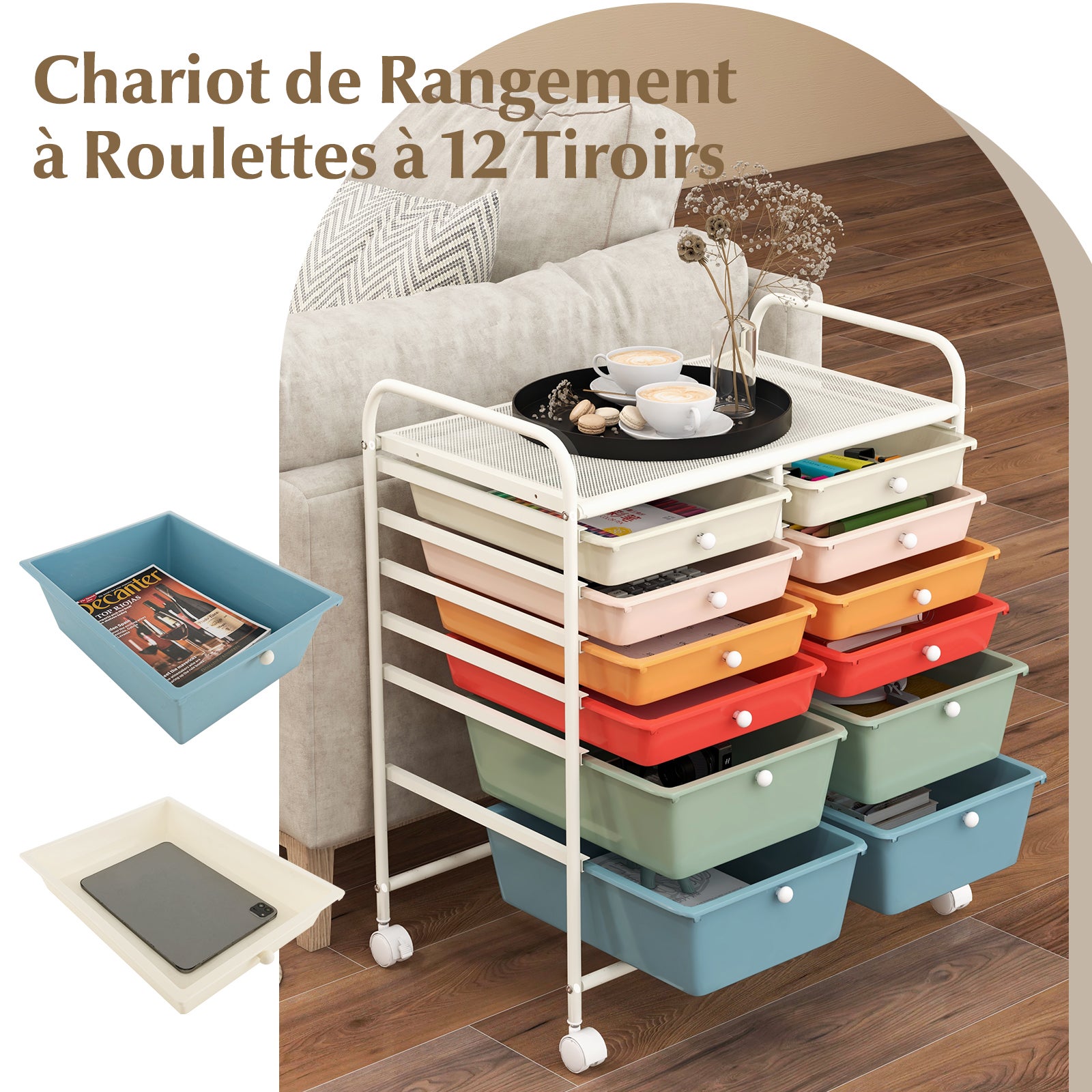 Chariot de Rangement à Roulette 12 Tiroirs en PP, Tour de Rangement ...