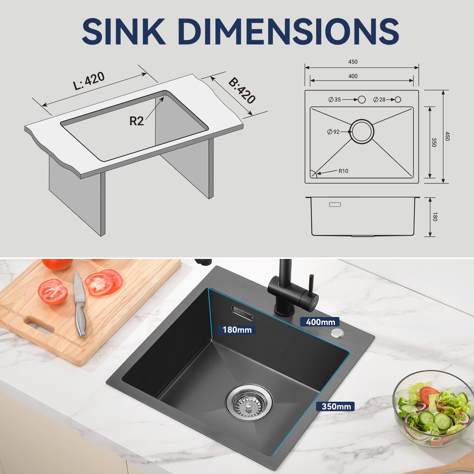 AuraLum Max Évier Cuisine 1 Bac en Acier Inoxydable Noir 45x45CM Évier Encastré et à Poser Évier avec Trou de Montage pour Robinet,EU Modèle - 5
