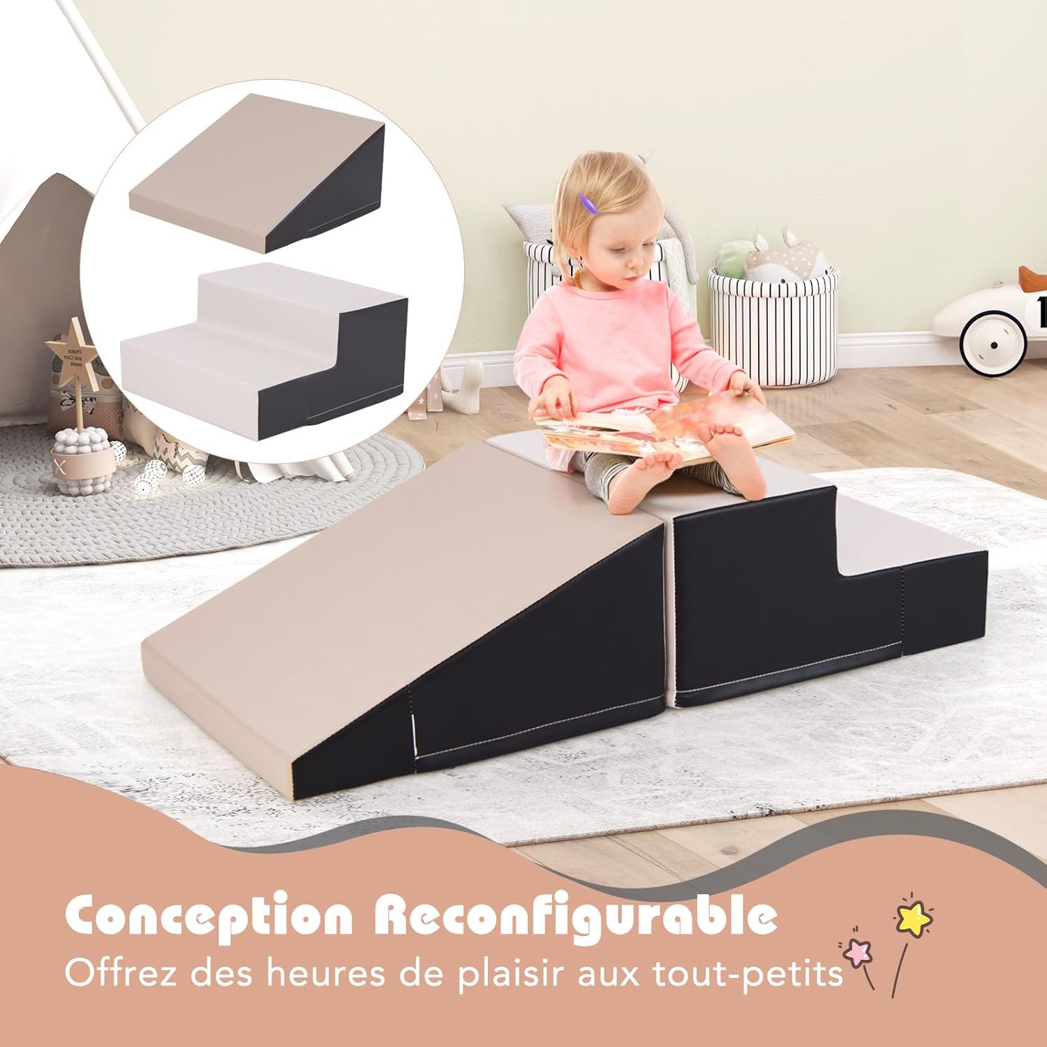 2PCS Parcours Motricité Bébé en Mousse avec Housse Amovible en PU, avec Marche & Toboggan, Jouets Éducatifs pour Ramper Grimper(Gris) - 6