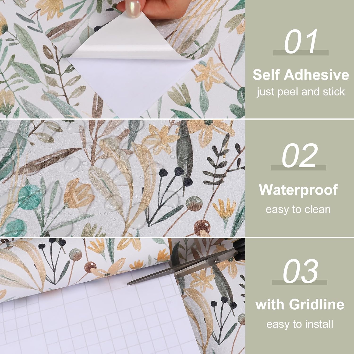 Papier Peint Autocollant Verte Papier Peint Fleuri 45cmx300cm Rouleau Adhesif Decoratif Stickers Muraux Blanc Motif Botanique Aquarelle Film Adhesif - 2