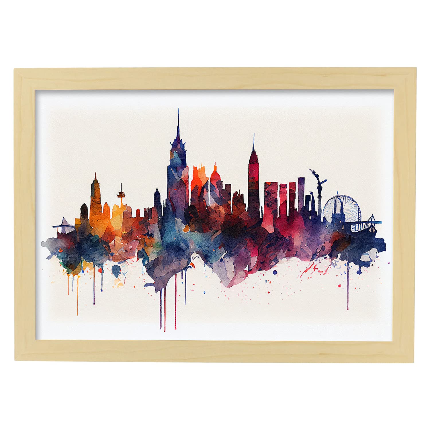 Nacnic poster de nueva york en estilo acuarela ilustraciones a todo color de ciudades y monumentos del mundo y modelo 1 a3 con marco color madera