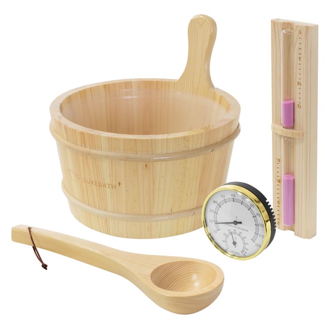 LuxeBath zestaw akcesoriów do sauny sauna fińska akcesoria sauna drewniane 4 elementy wiadro 4,5 l chochla termometr higrometr klepsydra 15 minut