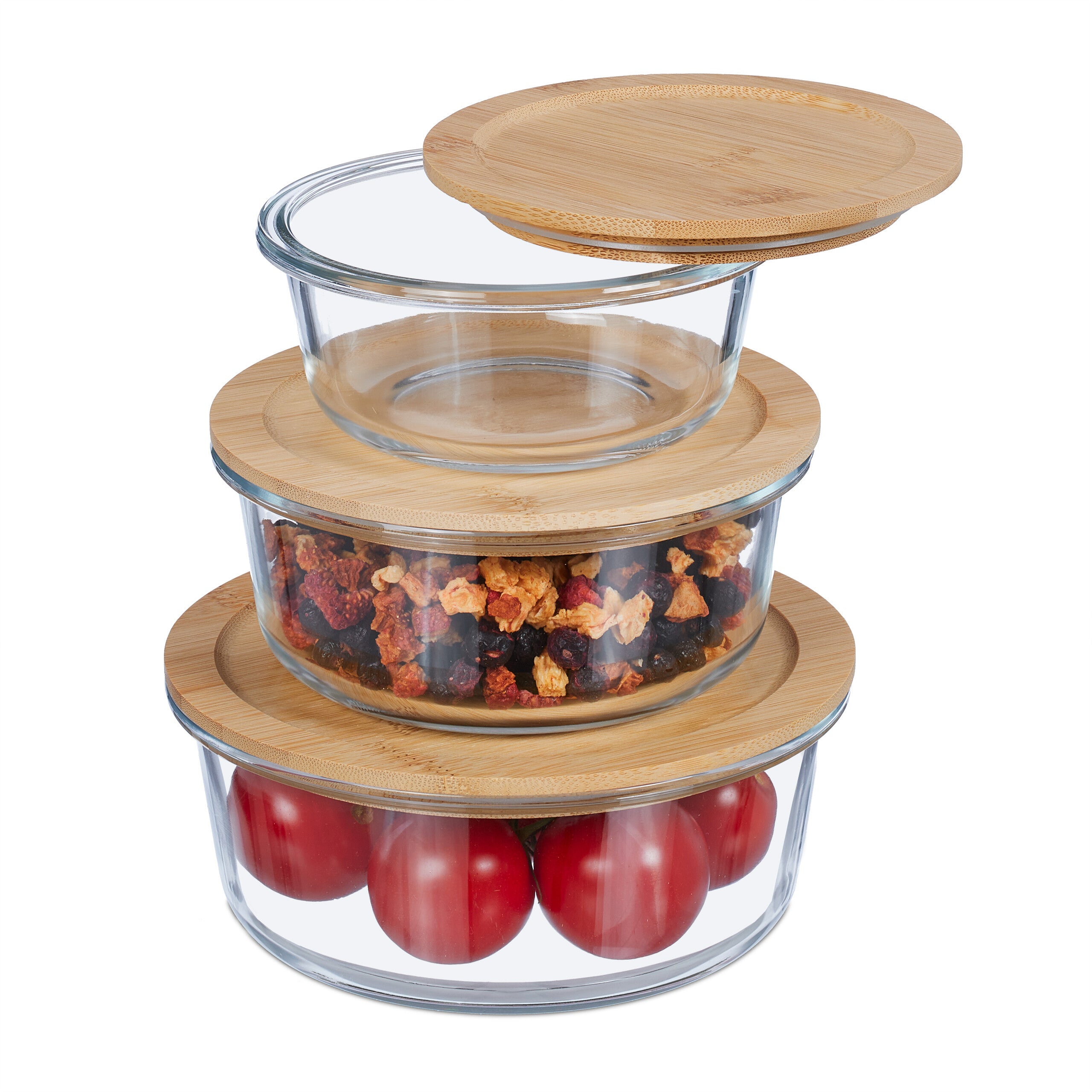Set De 3 Tarros Pebbly 75 Ml - Vidrio Borosilicato Con Tapa De Bambú - Herméticos - Para Especias O Salsas