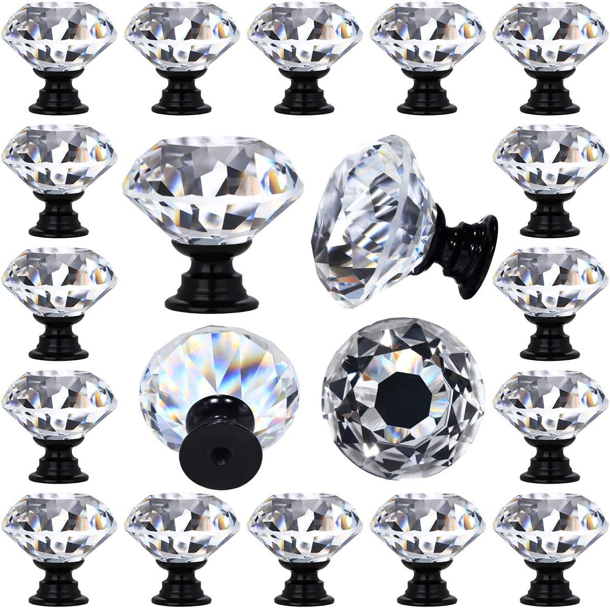 Zestaw 12 przezroczystych kryształowych uchwytów do szuflad w kształcie diamentu, dekoracyjnych, do szafek kuchennych, 30 mm (1-1/4"), czarna podstaw