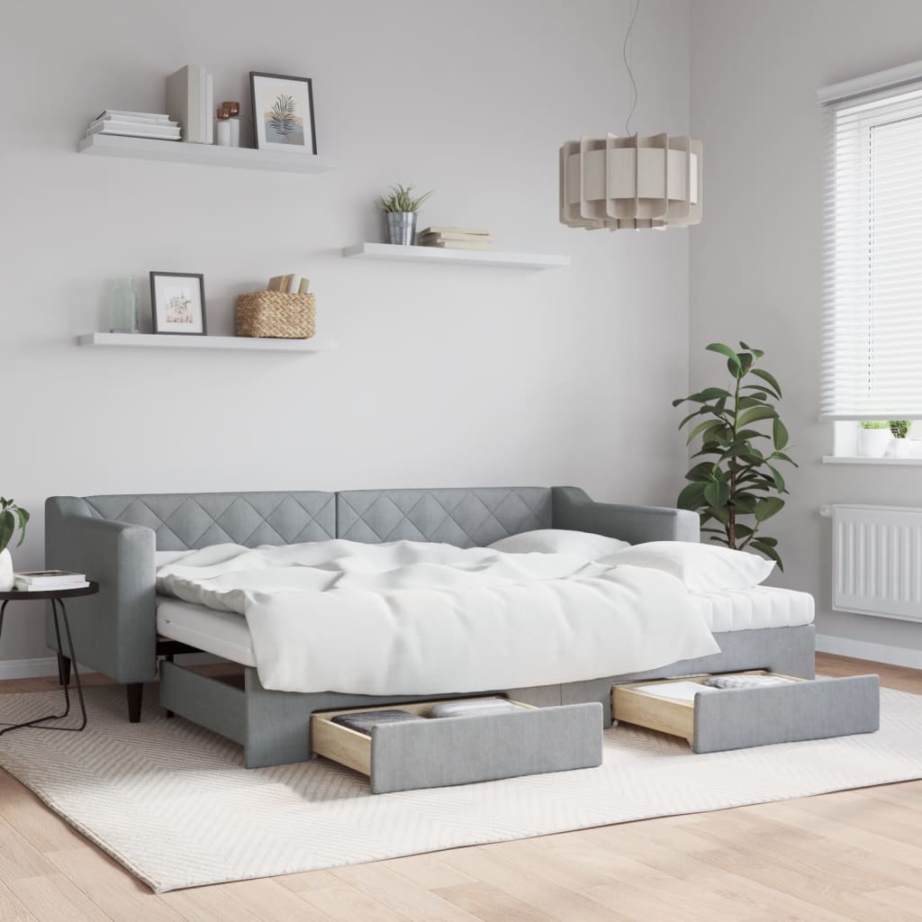 Lit De Jour Gigogne 90x200cm Gris Clair Velours Avec Tiroirs - Neuf