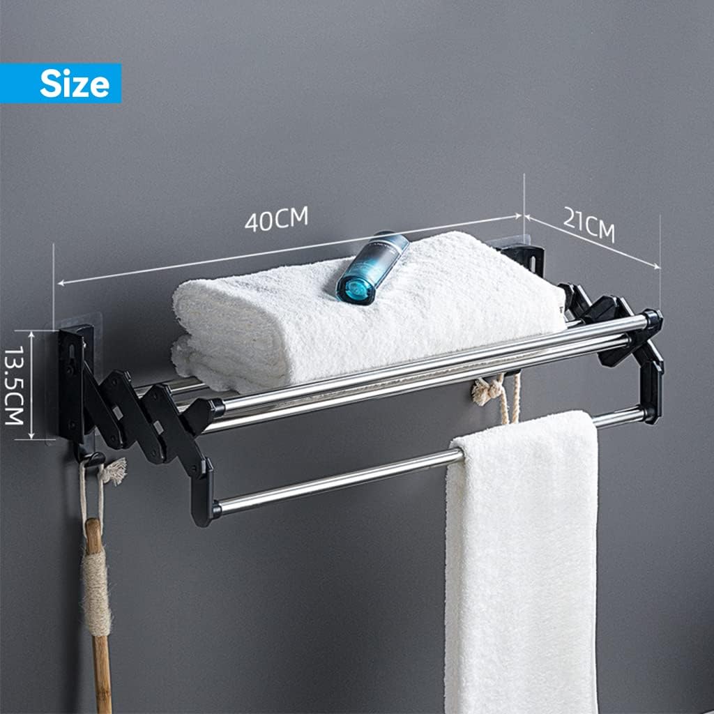 Wieszak na ręczniki do łazienki, montowany na ścianie, bez wiercenia, składany, samoprzylepny, z 2 haczykami, 40 cm, rozsuwany wieszak na ręczniki, st