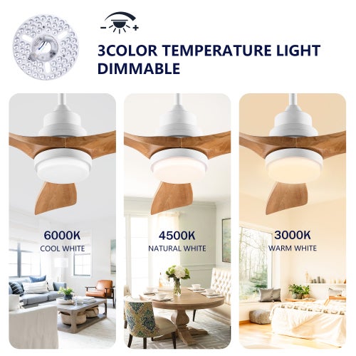 Ventilateur de plafond 114 cm - Avec éclairage et télécommande - Moteur DC réversible - 3 pales en bois - Blanc et naturel - 6
