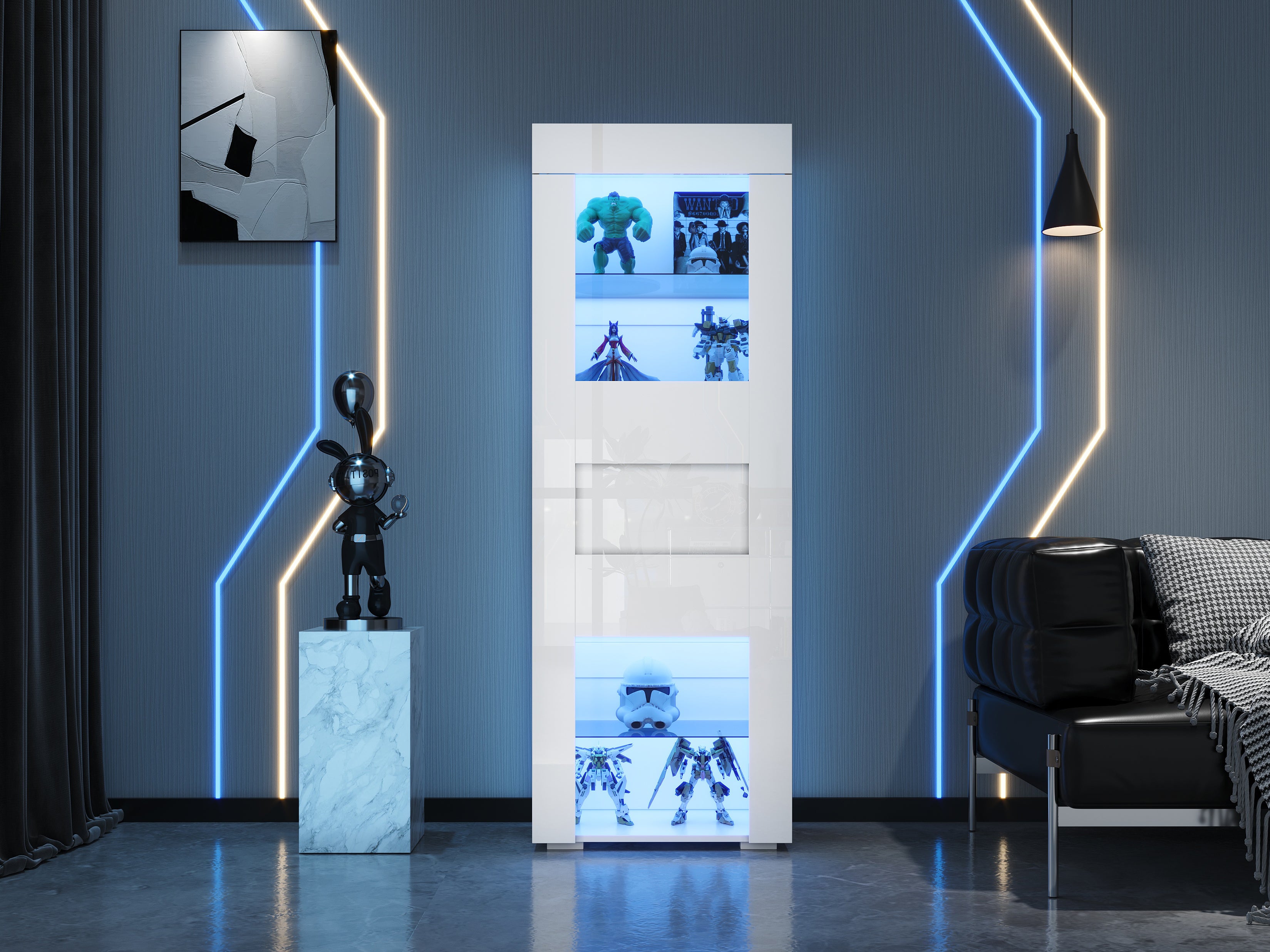Witryna z 1 drzwiami - 60 x 40 x 170 cm - diody LED - płyta MDF i 2 szklane półki - do salonu lub sypialni - biała
