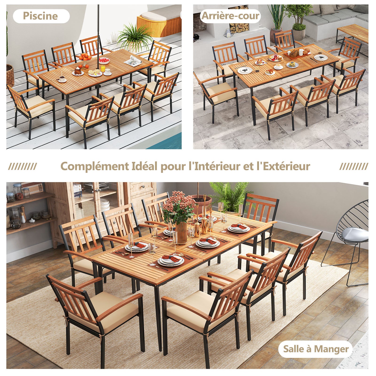 Table à Manger Extérieur en Bois d'Acacia Certifié FSC pour 8 Personnes, Table 200x90 cm avec Trou pour Parasol 5 cm, Pied en Métal 3 - 6