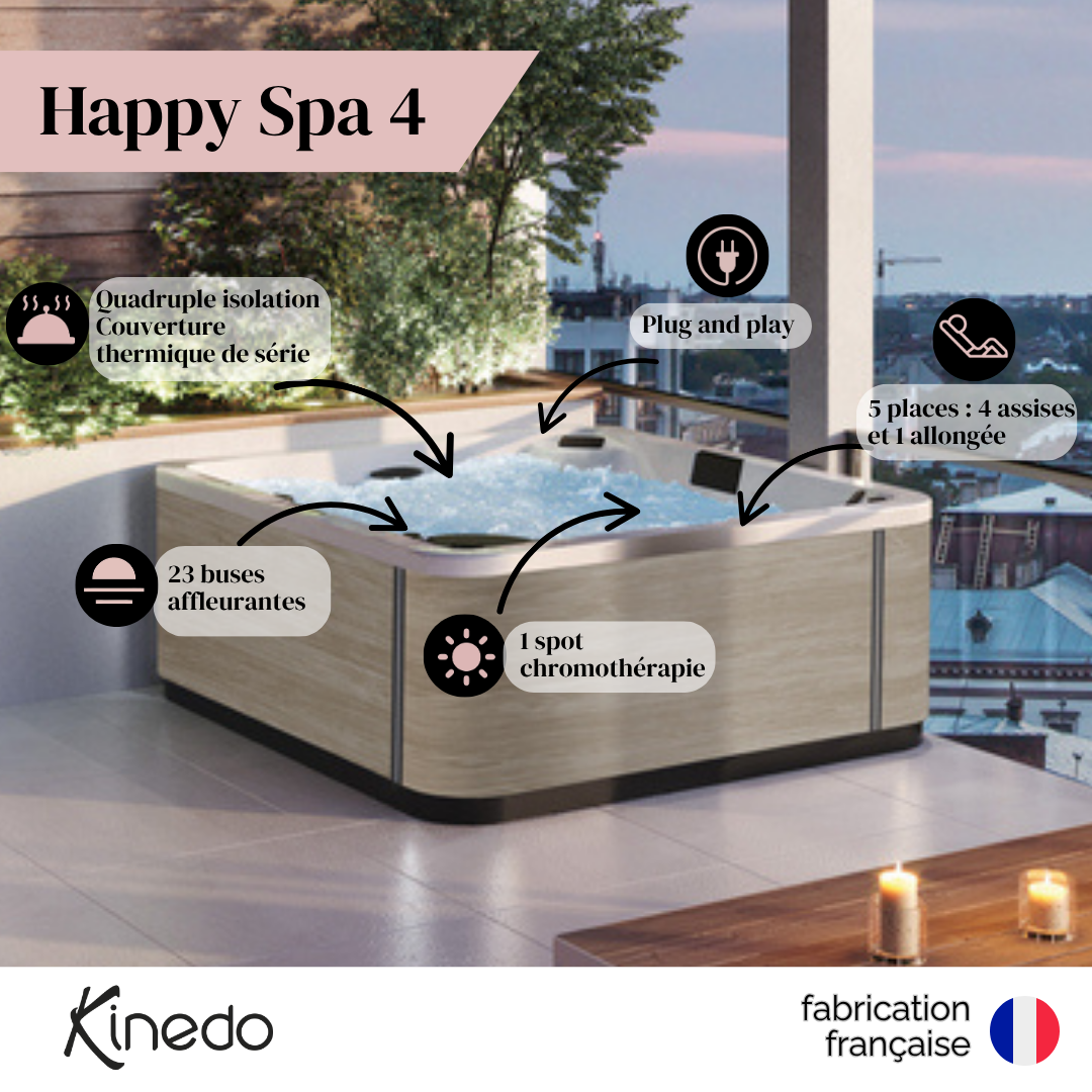 Kinedo - Happy SPA 4 - Bois - 5 places - 192x192x78 cm - 23 buses - Chromothérapie - Fabrication française - 3