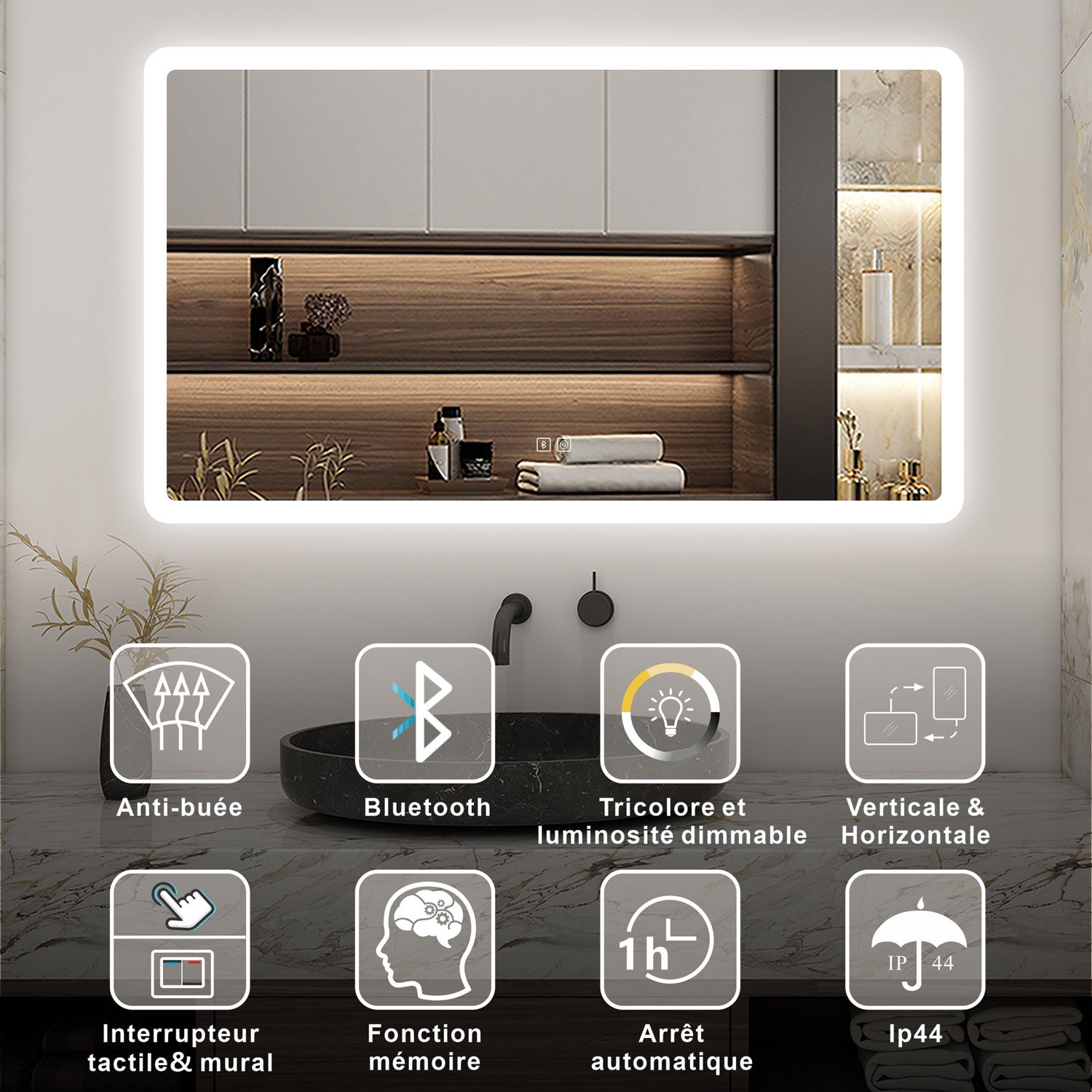 LUVODI Miroir LED Salle de Bain Bluetooth Rectangulaire - Miroir Lumineux Réglable avec Anti-buée IP66 - Interrupteur Tactile - 100×70cm
