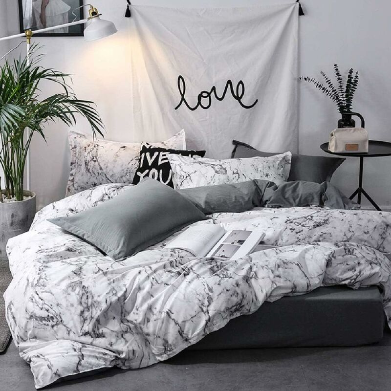 Komplet pościeli z białego marmuru i antracytowej szarości częściowy na łóżko podwójne Wzory z nadrukiem Z poszewką zapinaną na zamek błyskawiczny x