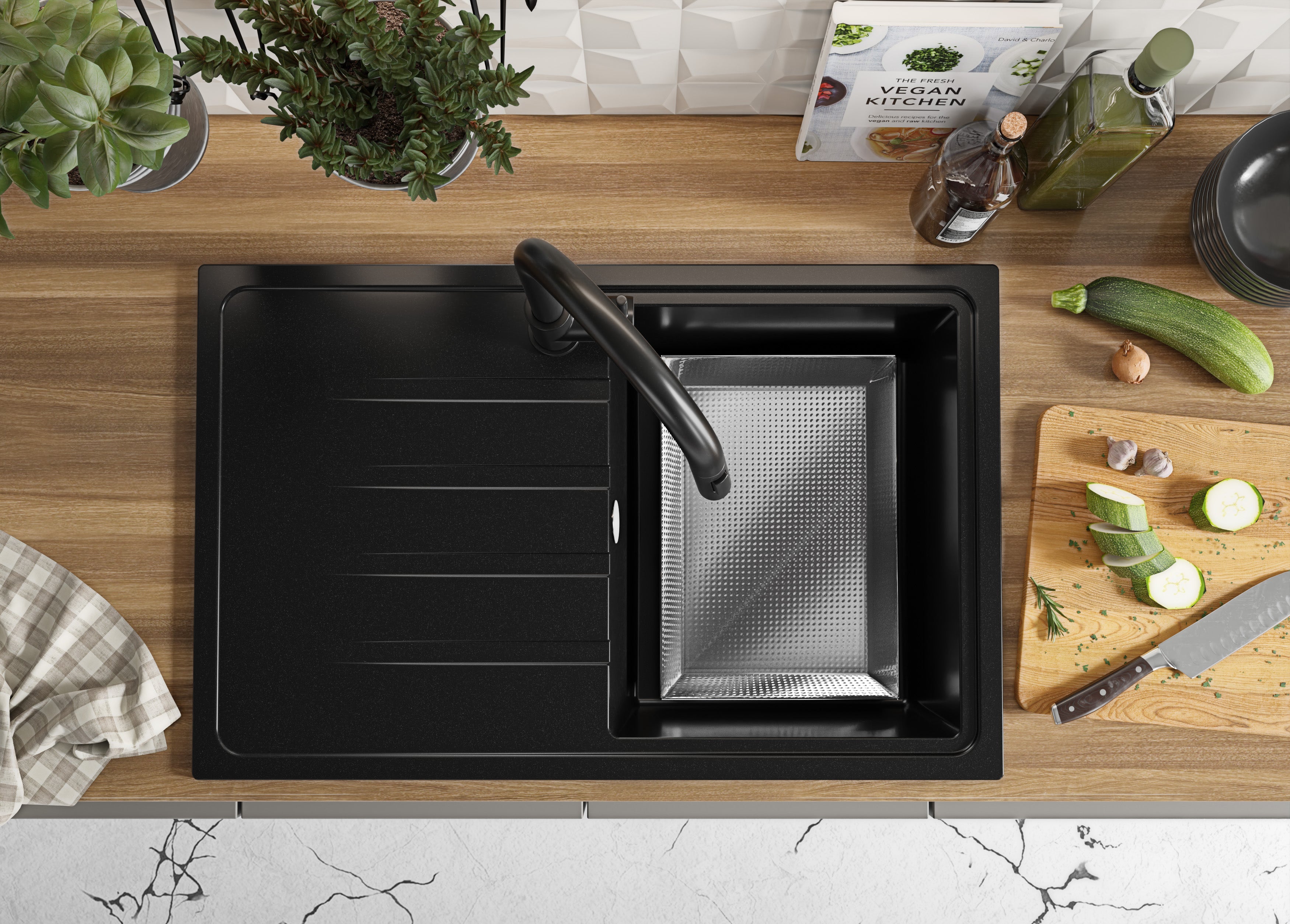 Evier Cuisine en Granit Tout Noir 78x50cm, Lavabo 1 bac + Robinet 32x20cm + Kit de Vidage, Évier à Encastrer au meuble 45cm - Milan PRIMAGRAN - 4