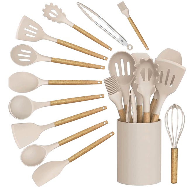 Lote 12 Utensilios de Cocina de Silicona y Mango de Madera con Soporte