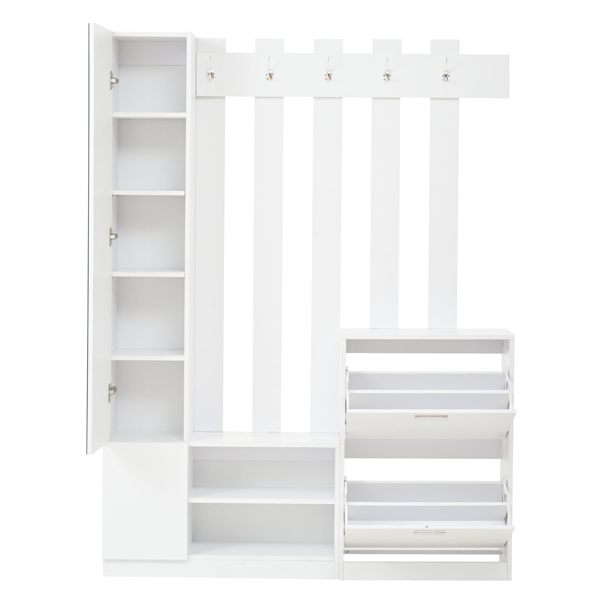 Ensemble vestiaire d'entrée 135x25x180cm - avec porte-manteau et 2 armoires à chaussures - avec miroir et crochets - blanc - 8