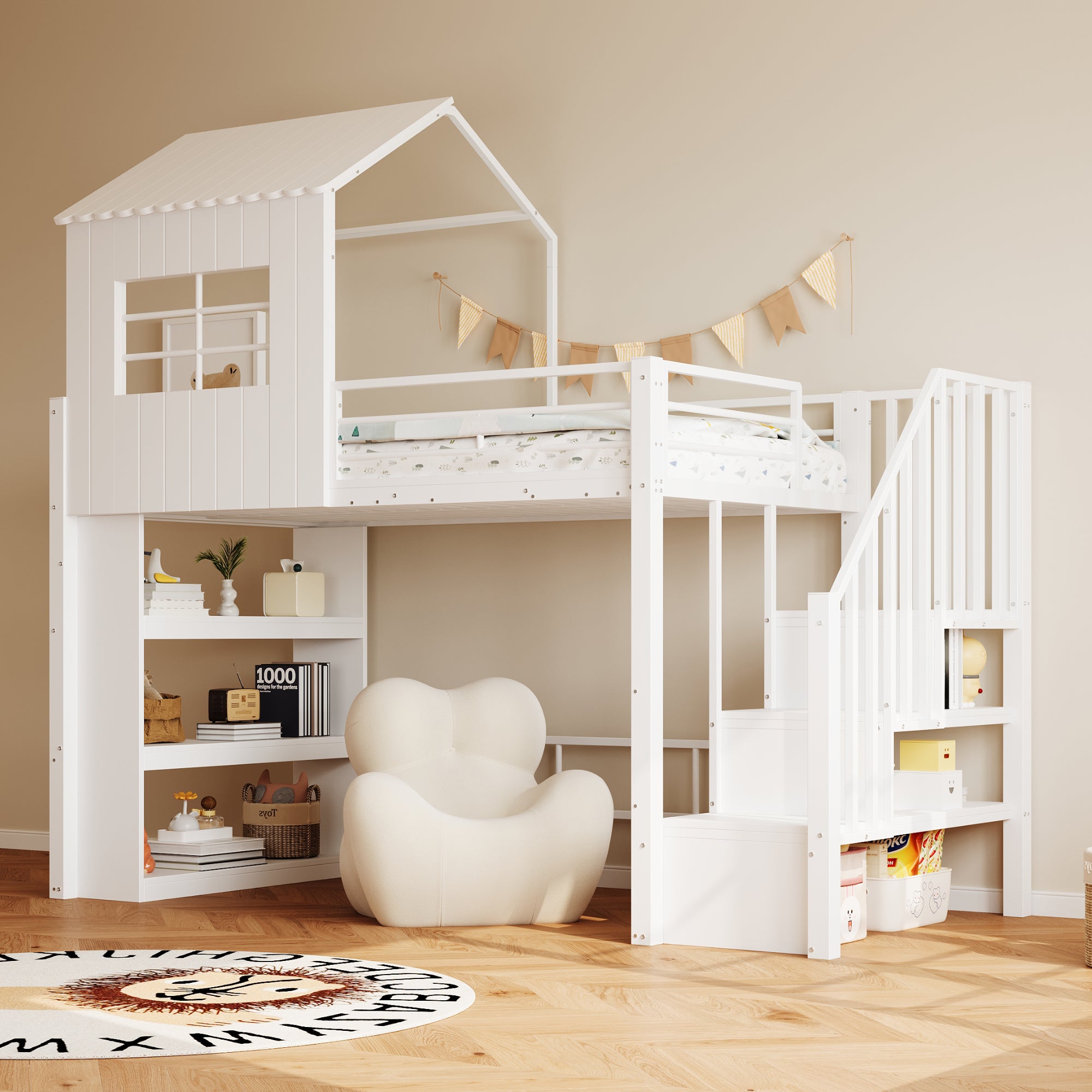 Lit mezzanine 90x200,conception de maison,Lit enfant avec espace de stockage et grille haute protection,Escaliers installables à gauche/droite,Blanc - 2