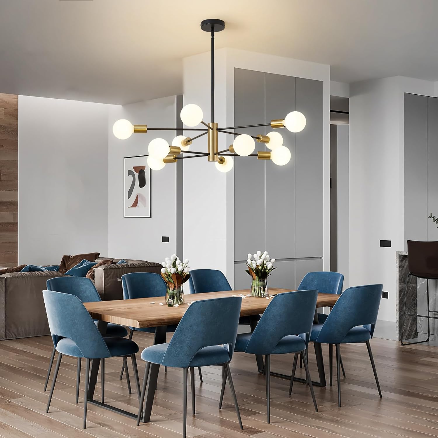 Żyrandol vintage Sputnik, lampa wisząca z 10 żarówkami, lampa sufitowa w stylu industrialnym, nowoczesny żyrandol, czarno-złoty (bez białej żarówki) - 2