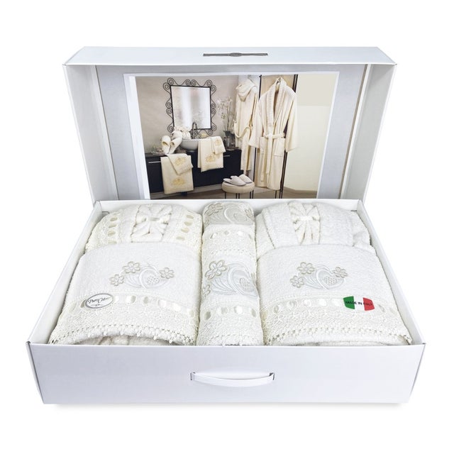 CAORI salle de bain REIGNOIRS COMPLETS EN SPUGNA brodés DENTELLE DE MACRAMÉ 8 pièces IDÉE NUPTIALE Taille 48-52