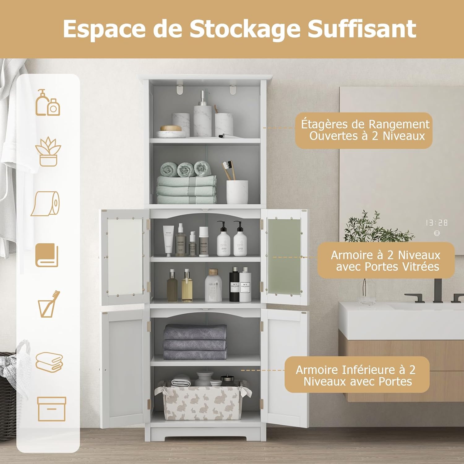 Meuble de Salle de Bain 60 x 30 x 163 cm, Rangement avec 2 Étagères Ouvertes et 2 Compartiments à Portes, Armoire Haute avec Étagères Réglables - 3