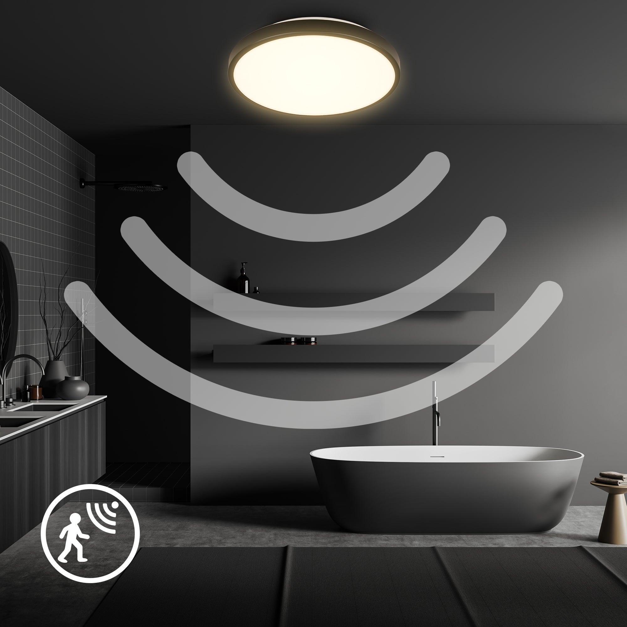 Plafonnier LED étanche avec détecteur micro-ondes - IP54 - Ø290 mm - Noir - Blanc chaud 3000K - 13W - 1300lm - B.K.Licht - 3