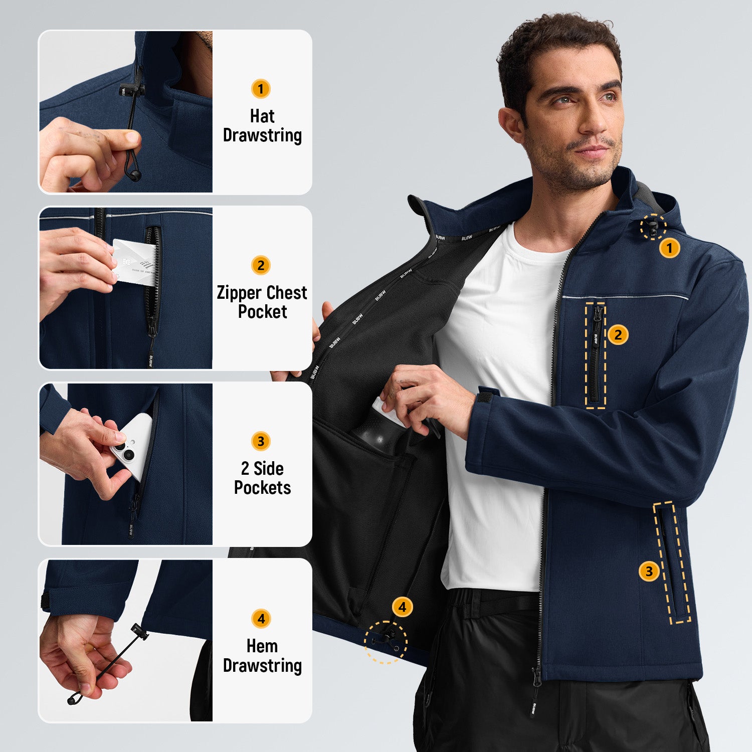 Veste de Travail Homme Taille XL Blouson & Softshell - Imperméable, Anti-Vent, Fourré Chaud, Poches Multiples, Capuche Amovible - Bleu foncé - 2