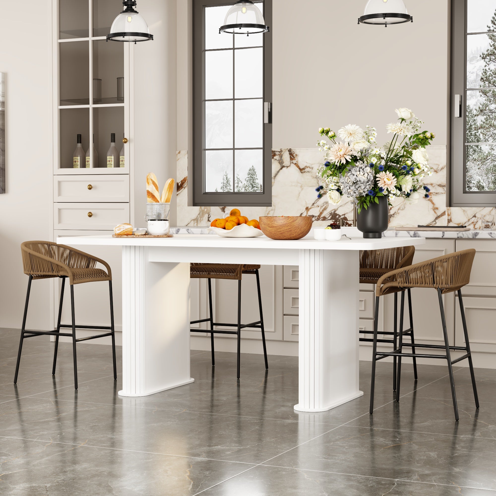 Table à Manger- Table de Cuisine avec 2 Pieds Robuste en forme de Colonne,160 x 74 x 80cm, Blanc - 7