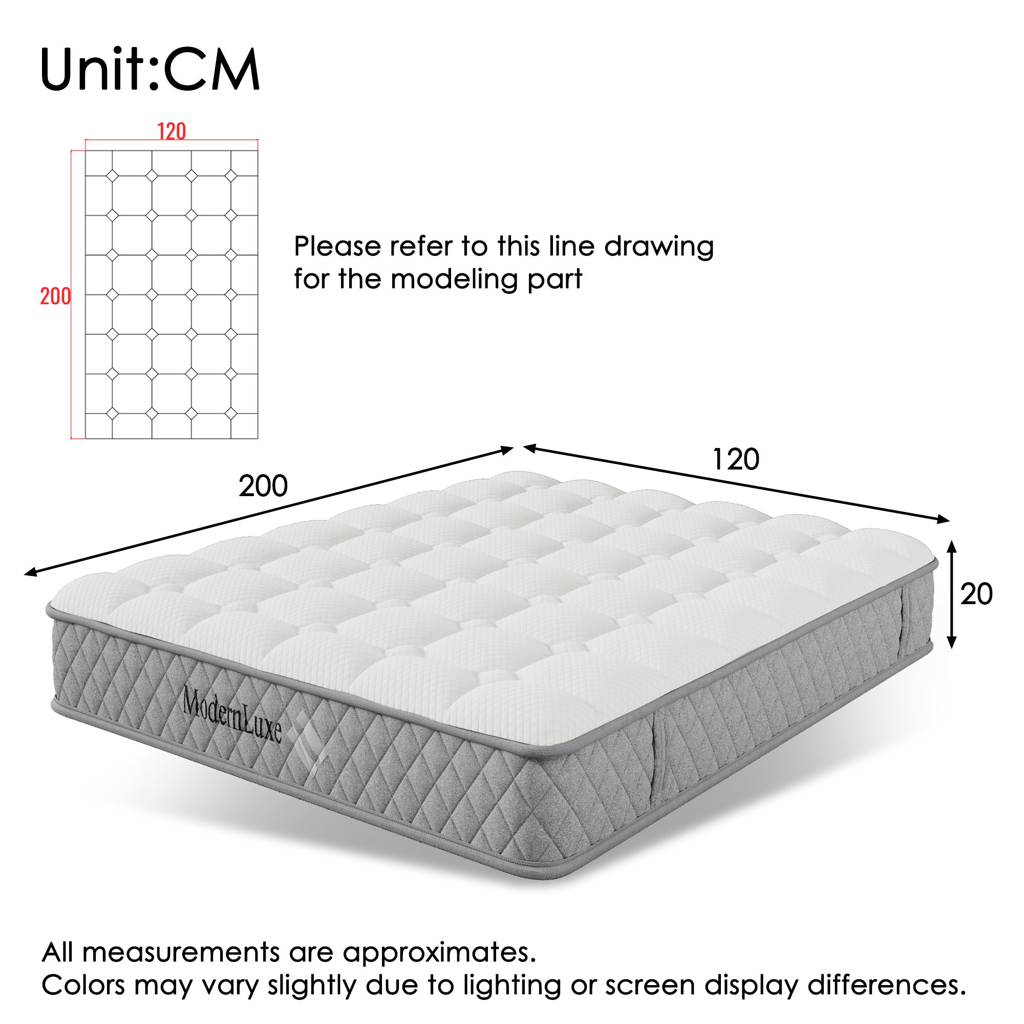 Materac kieszeniowy 7-strefowy 120 x 200 cm - Materac ortopedyczny z zimnej pianki o grubości 20 cm - Twardość H3 (średnio twardy) - 4 uchwyty - 2