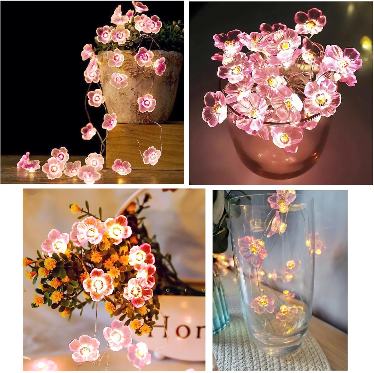 Guirlande lumineuse - 3 mètres, 30 LED - Guirlande lumineuse à fleurs de cerisier roses - Alimentée par piles - Lumière blanche chaude avec flash - 7