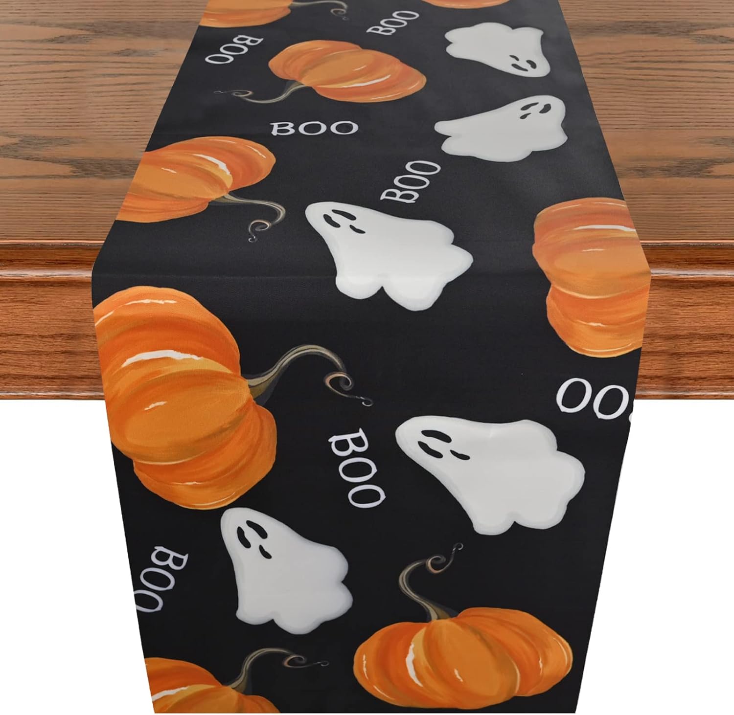 Bieżnik na stół Halloween, czarny, 33 x 18 cm, duchy, dynie, motyw boo, poliester, do dekoracji domu i na imprezę