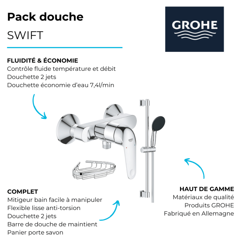 Mitigeur douche mécanique GROHE Swift 2023 + Ensemble de douche 2 jets avec barre + Panier porte-savon - 3