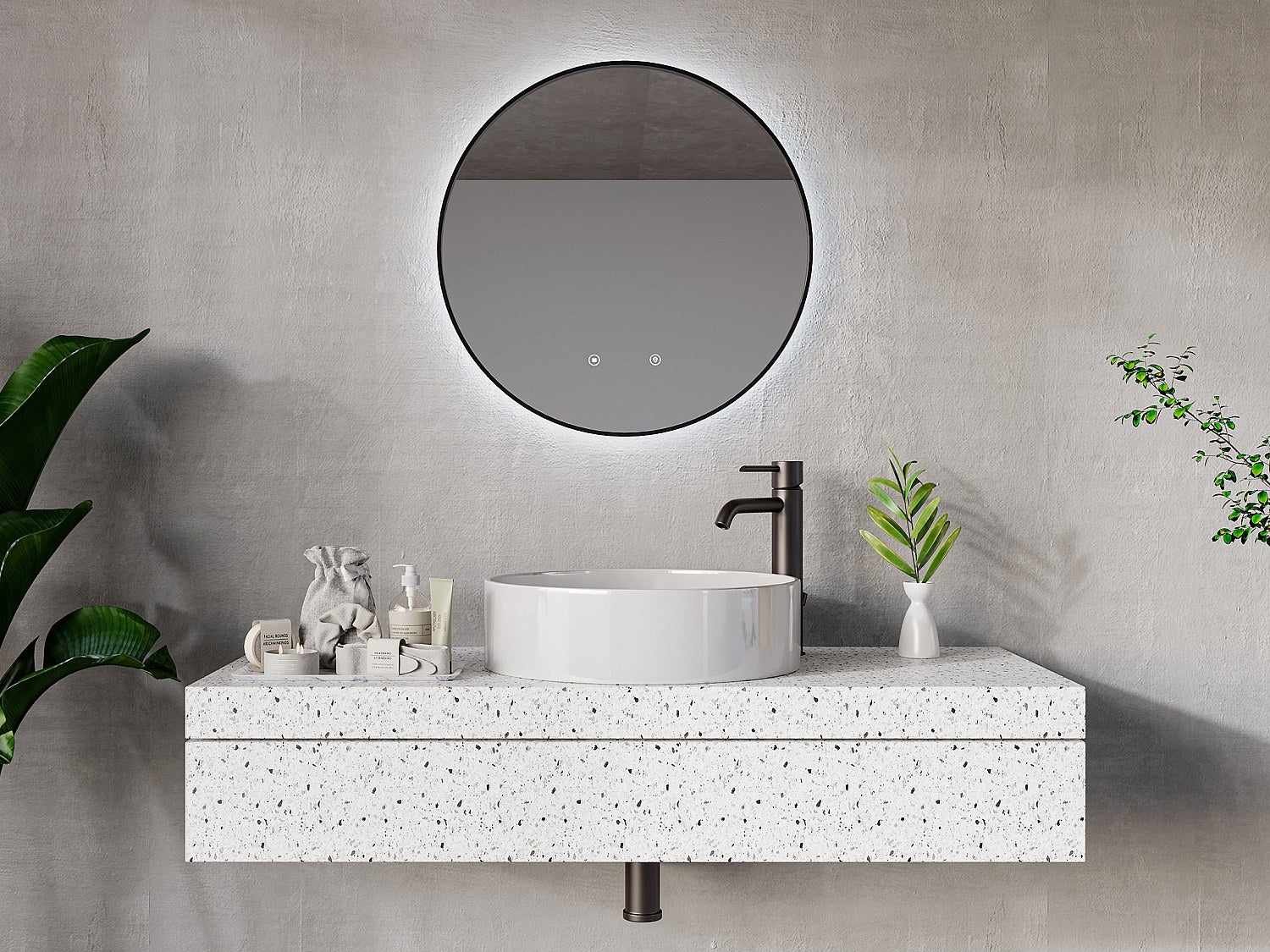Lustro łazienkowe okrągłe podświetlane przeciwparowe z czarną ramą - śr. 60 cm - PEONIA