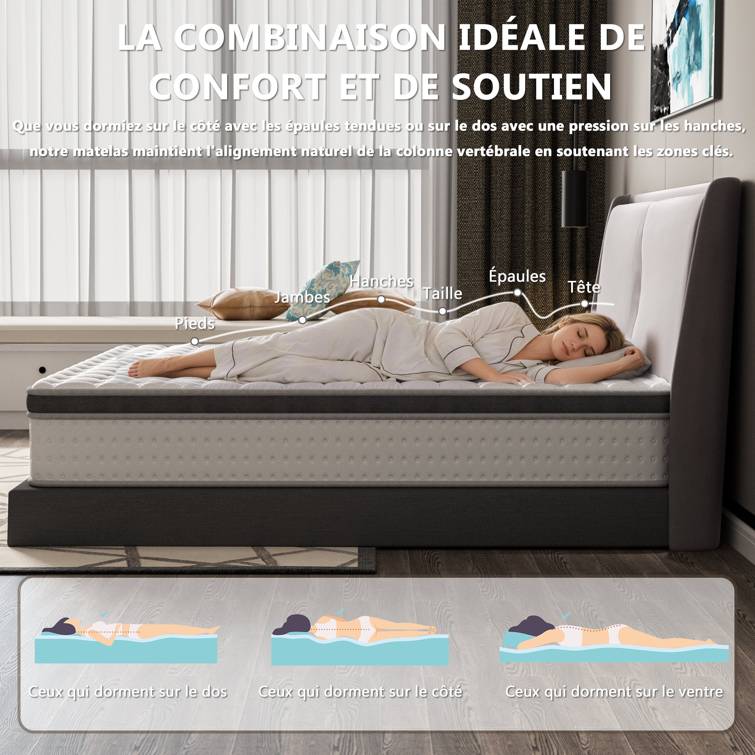 DEWINNER Ensemble matelas + sommier 160x200 cm, Mousse à mémoire de forme,épaisseur du matelas 25cm - 6