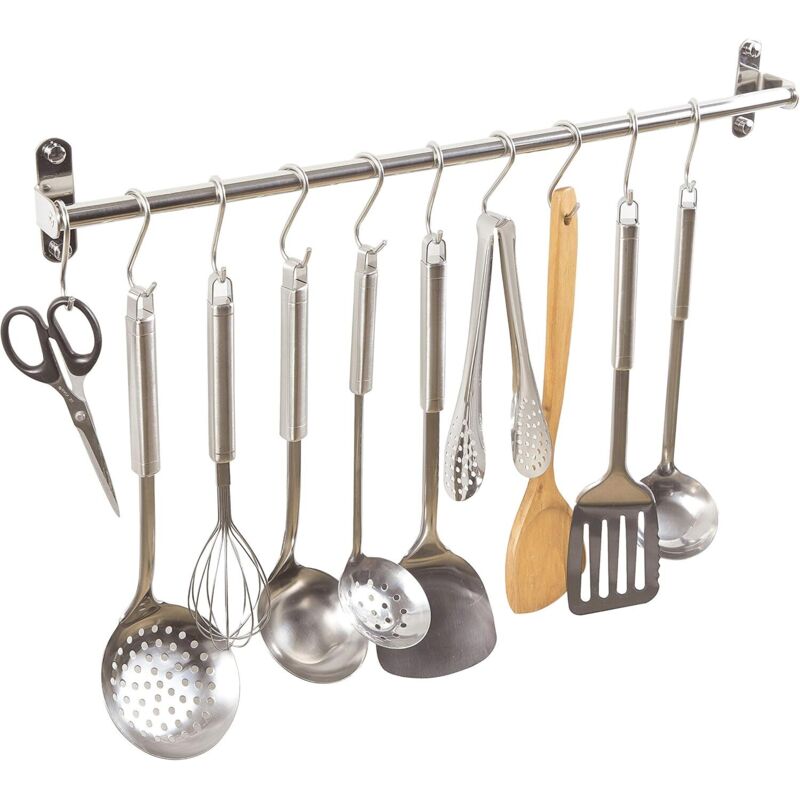 Enowelir Suport de bucătărie multifuncțional din oțel inoxidabil, suport pentru oale montat pe perete, oțel inoxidabil, 40 cm, 6 cârlige